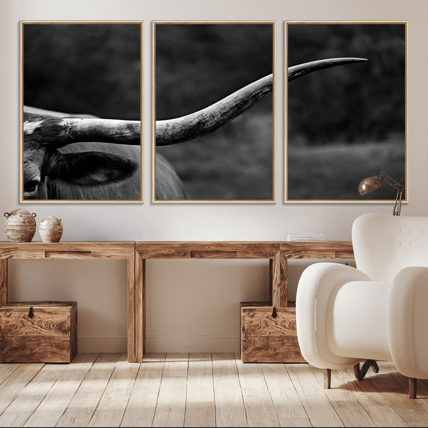MGV-FC-60X30-3P - Cow Longhorn Wall Art | Black and White Print | Ready to Hang and Framed | Farmhouse Wall Decor |