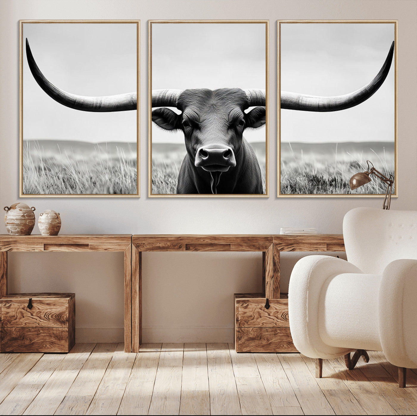 MGV-FC-60X30-3P - Longhorn Bull Canvas Print | Rustic Farmhouse Wall Art | Western Decor | Ready to Hang and Framed