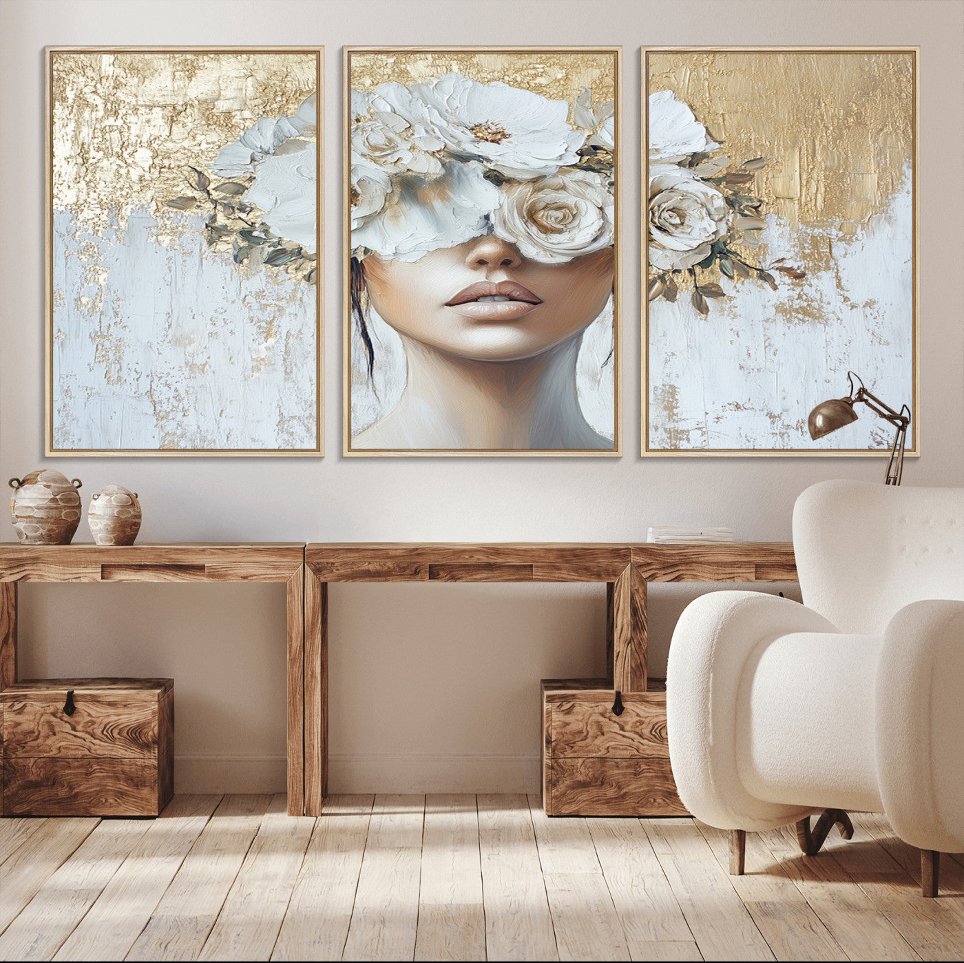 MGV-FC-60X30-3P - Golden Petal Wall Art - Canvas Print Flower Head Woman Painting Floral Woman Portrait Wall Decor,