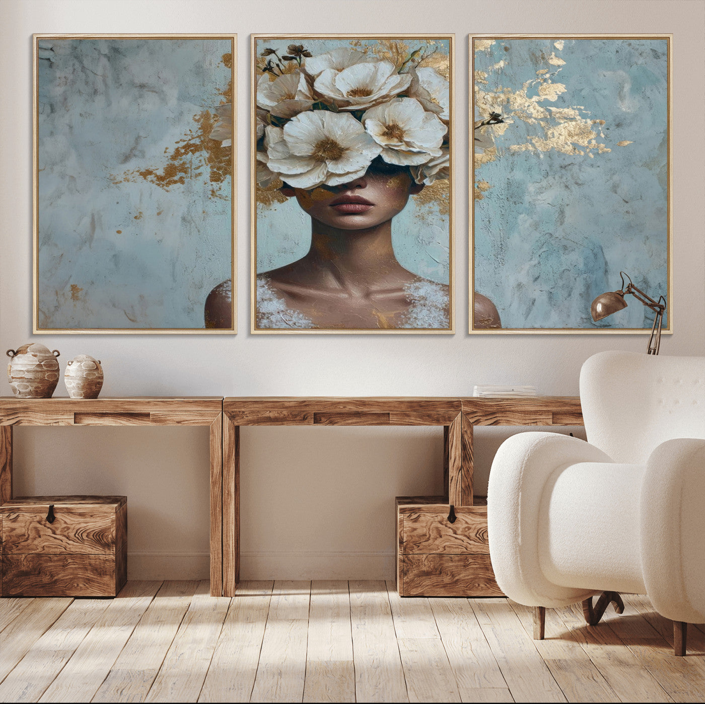 38084-MGV-FC-60X30-3P_Natural-Golden Petal Wall Art - Petal Silhouette Woman Wall Art Canvas Print | Large 3-Panel Canvas with