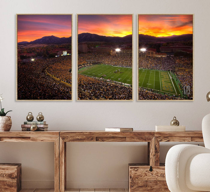 A vibrant mountain sunset at Folsom Field, home of the University of Colorado Football team, is captured in this stunning wall art canvas print.