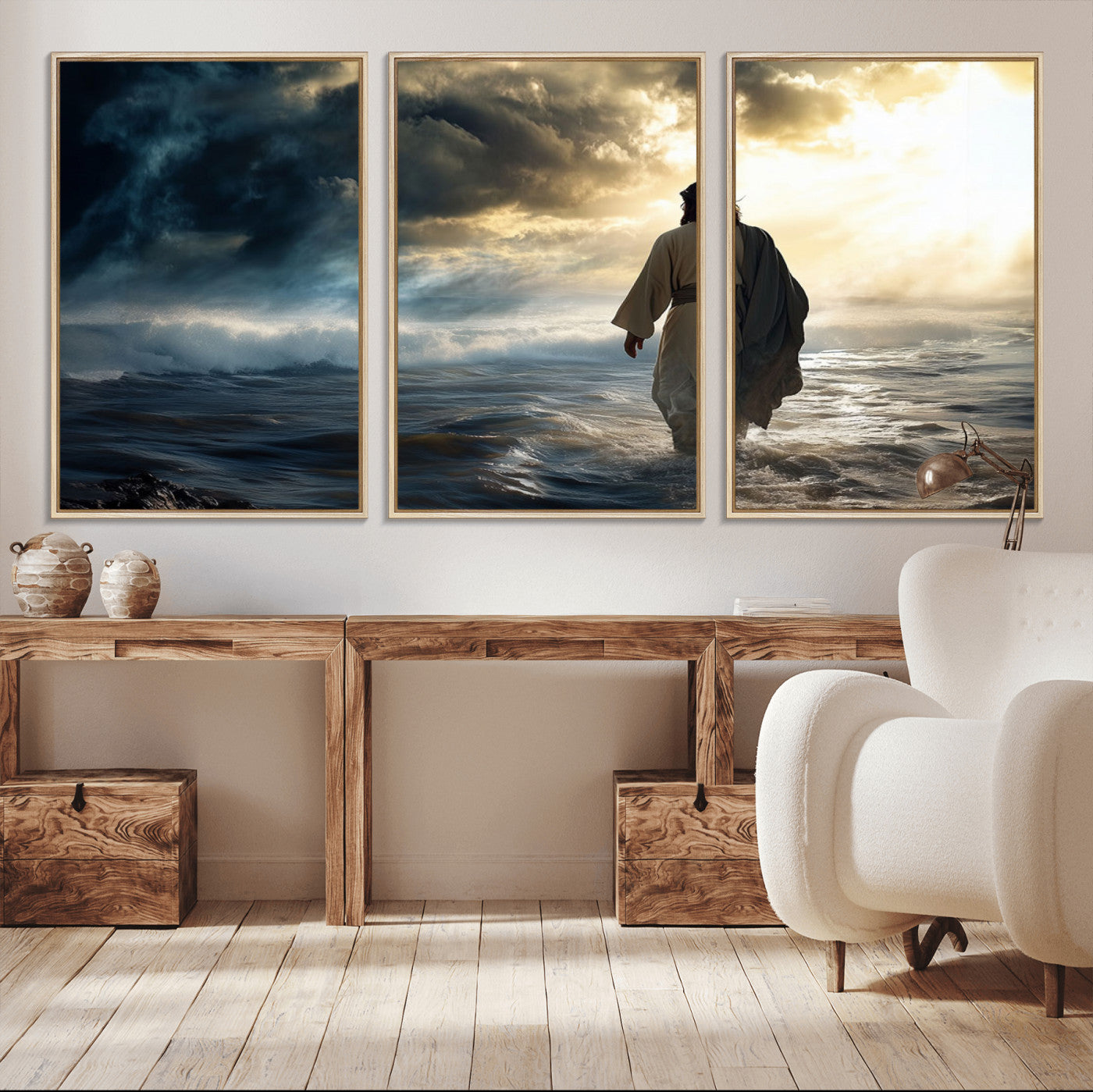 76524-MGV-CV-36X24-Jesus Walking Water Wall Art – Inspirational Christian Canvas Print, Faith Based Spiritual Artwork for Living Room, Prayer Space, or Church Decor