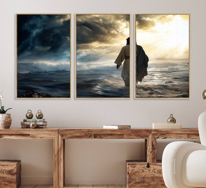 A dramatic sky serves as the backdrop for the Jesus Walking on Water wall art, a perfect piece for Christian home decor.