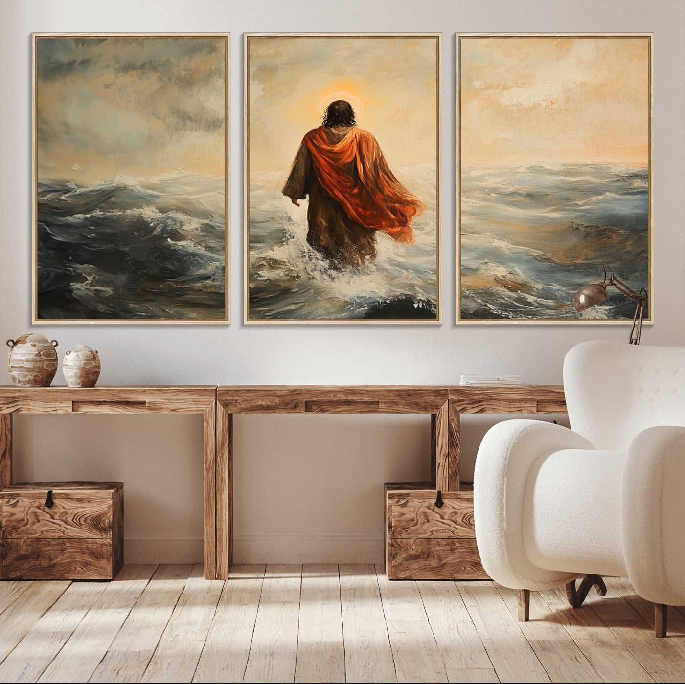 MGV-FC-60X30-3P - Jesus Walking on Water, Christian Wall Art, Jesus Christ Walking on Oil Painting Style Print