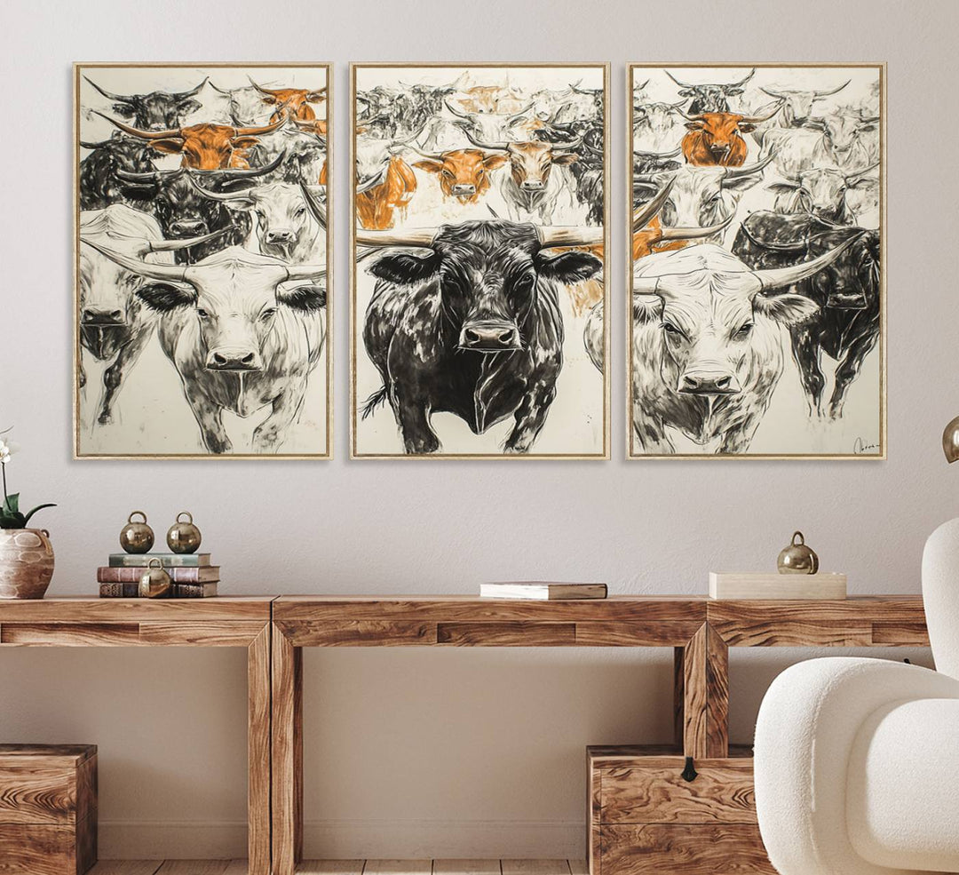 Texas Longhorn Wall Art canvas features cattle artwork with an abstract design, perfect for farmhouse decor on a porch.