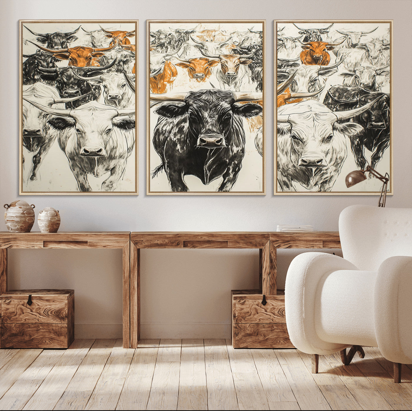 MGV-FC-60X30-3P - Farmhouse Wall Art | Western Longhorn Cattle Canvas Print | Ready to Hang and Framed Barn Decor