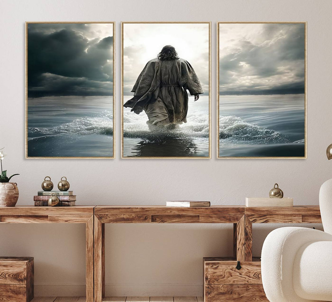 A canvas wall art depicting a figure walking on water beneath dramatic clouds, designed as inspirational religious imagery and ready to hang.