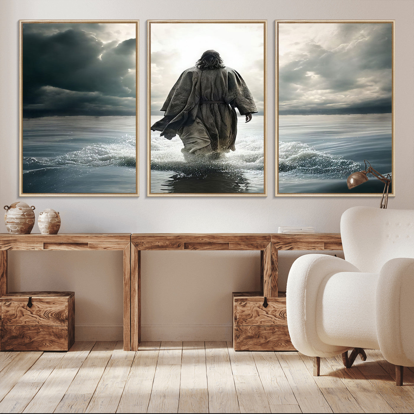 MGV-FC-60X30-3P - Jesus Walking on Water Wall Art | Canvas Print | Ready to Hang | Christian Home Decor | Spiritual