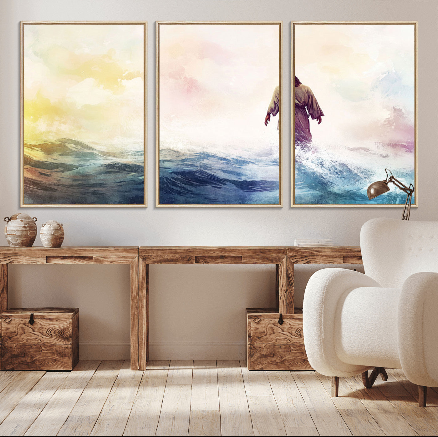 MGV-FC-60X30-3P - Watercolor Jesus Walking on Water Canvas Print, Christian Wall Art, Jesus Christ Walking