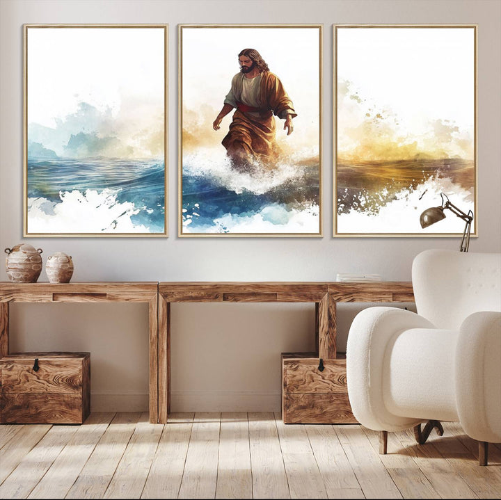 This watercolor canvas print depicts Jesus walking, characterized by abstract splashes against a serene background. It serves as a beautiful piece of Christian wall art.