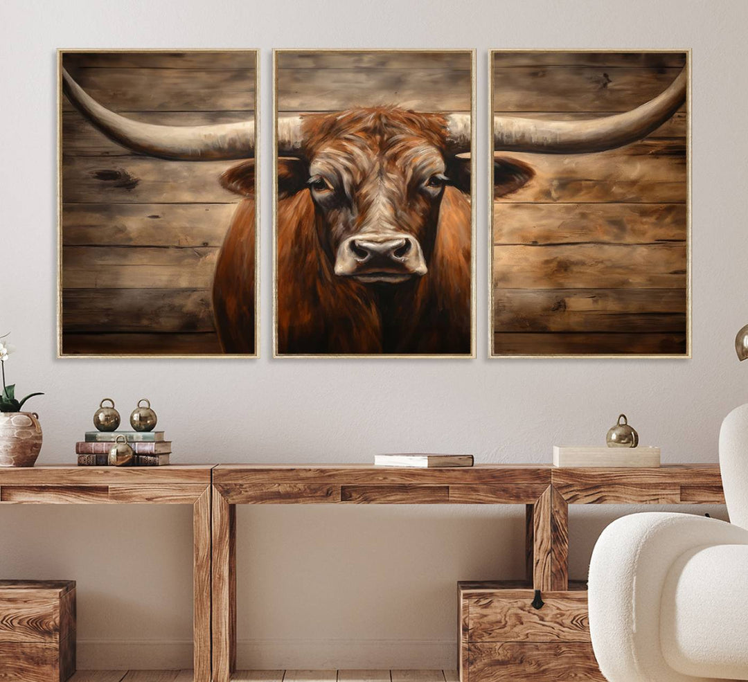 Longhorn Bull Canvas Print: Rustic Farmhouse Decor, Ready to Hang Western Barn Art.