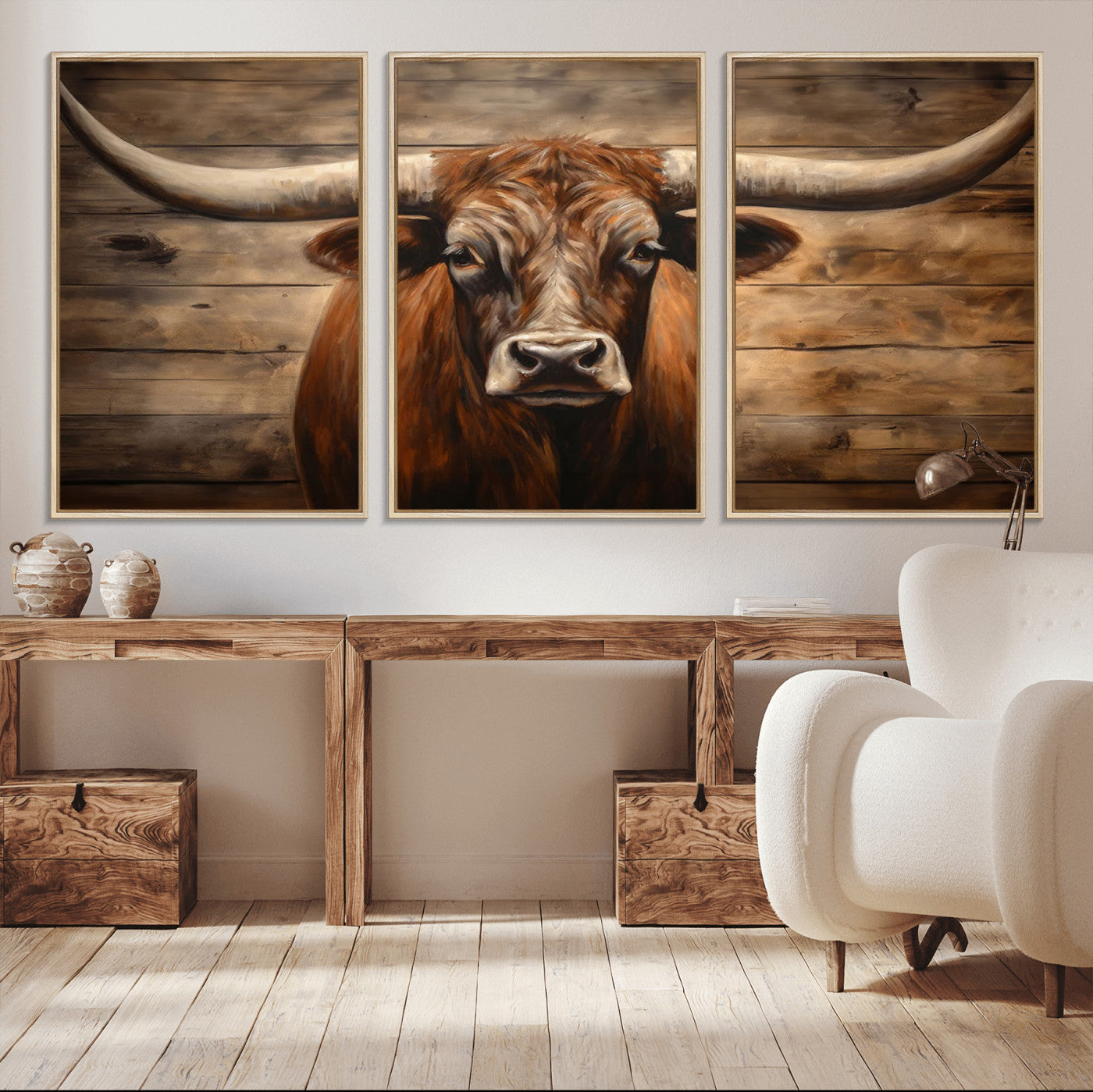 MGV-FC-60X30-3P - Longhorn Bull Wall Art | Canvas Print | Ready to Hang | Rustic Farmhouse Wall Decor | Western Barn