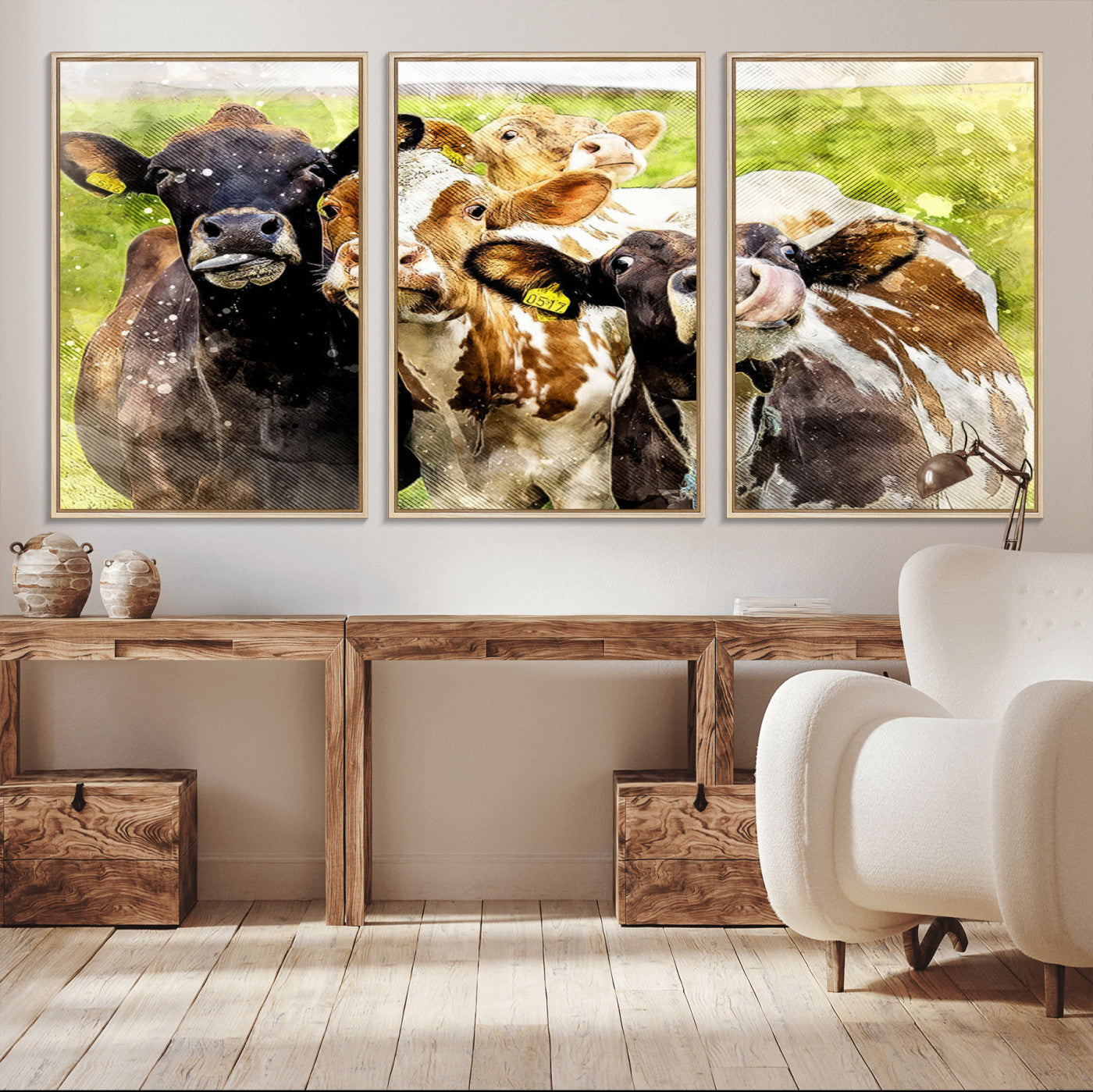 MGV-FC-60X30-3P - Curious Cows Farmhouse Wall Art | Ready to Hang and Framed Canvas Print | Rustic Farm Decor