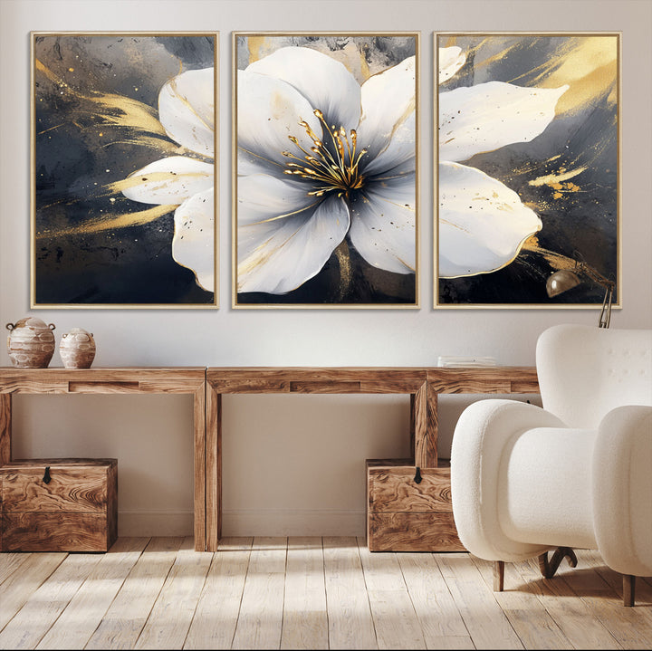 White Flower Wall Art | Canvas Print | Ready to Hang | Abstract Floral Wall Decor | Elegant Bloom Artwork | Framed for Living Room or Bedroom