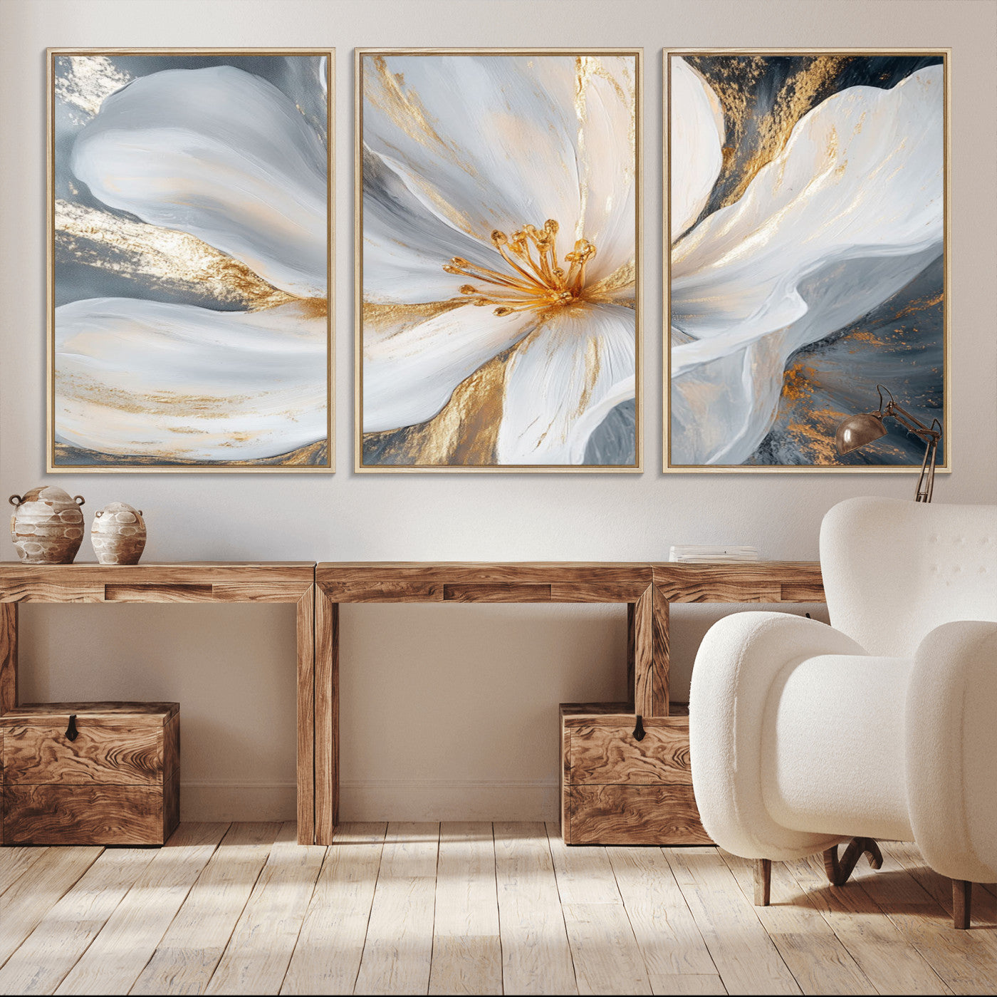 83149-MGV-CV-36X24-White and Gold Floral Canvas Wall Art - Framed and Ready to Hang - Perfect for Modern Living Rooms