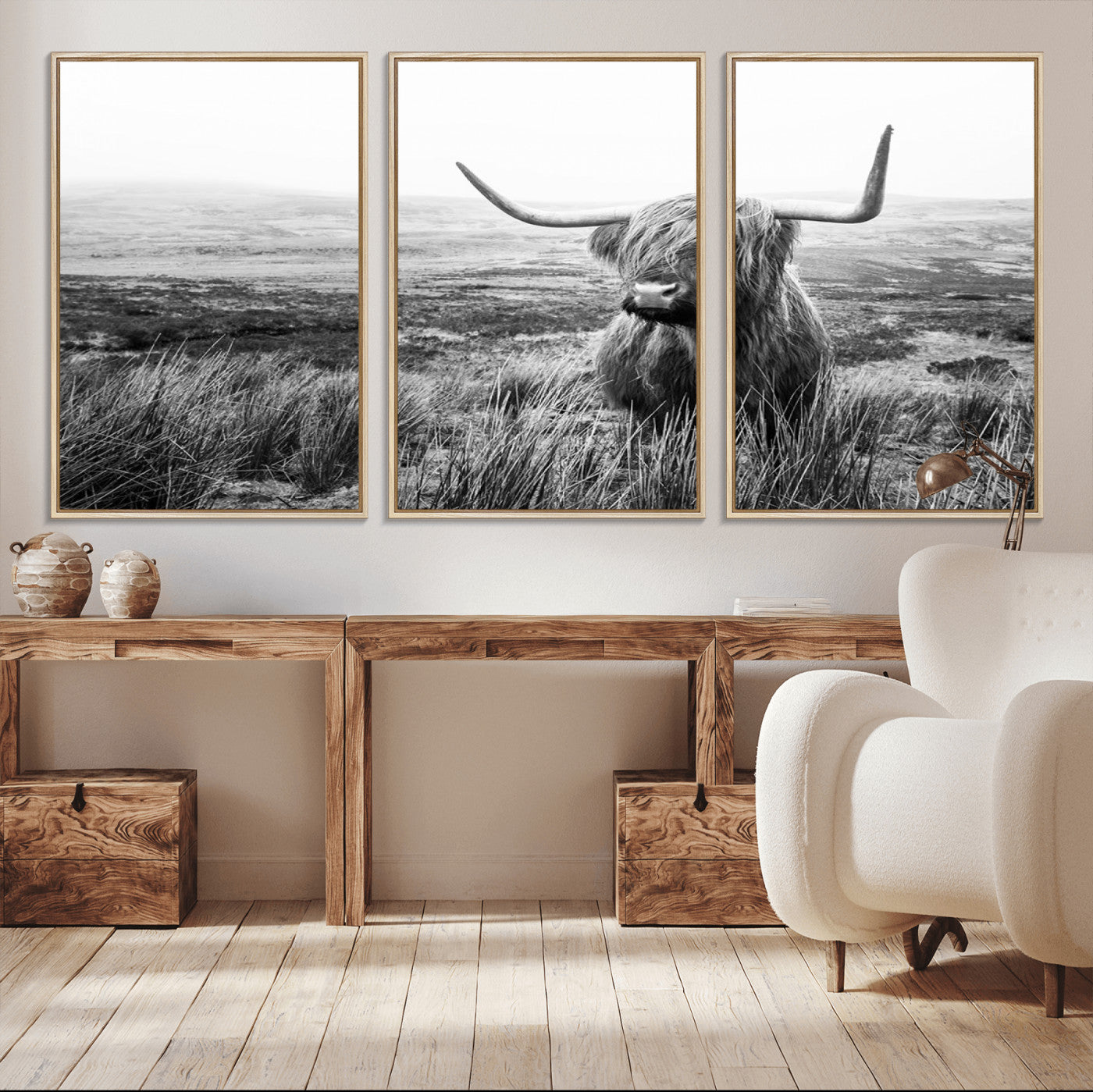 80826-MGV-FC-60X30-3P_Natural-Scottish Highland Cow Wall Art | Black and White Canvas Print | Ready to Hang and Framed | Rustic