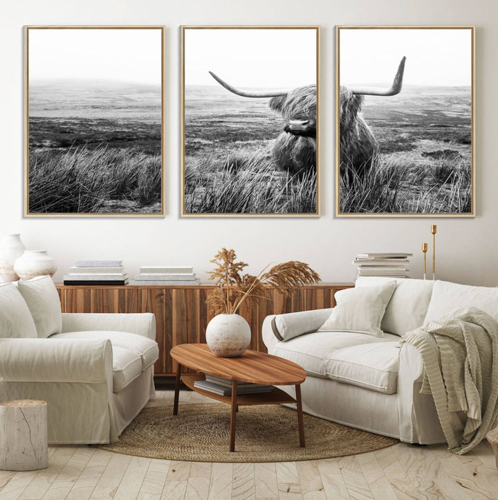 The Scottish Highland Cow black and white canvas print adds rustic farmhouse charm to any wall.