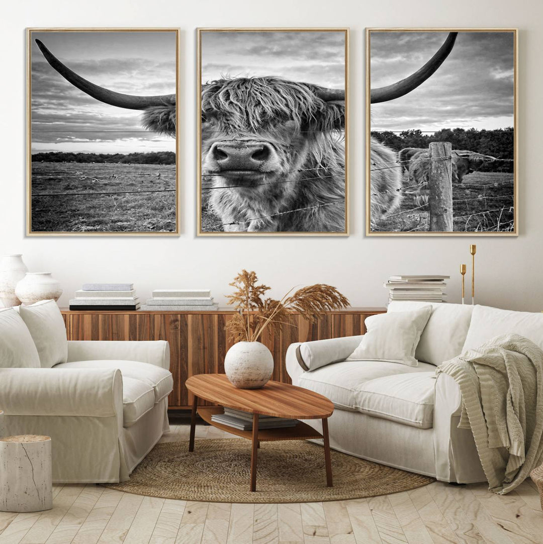 The Scottish Highland Cow Wall Art Canvas Print is ready to hang and framed, adding rustic farmhouse decor to your wall.