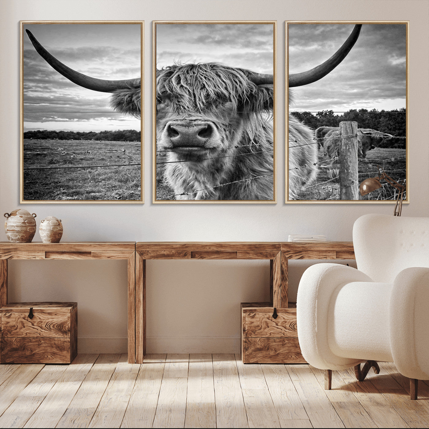 -Scottish Highland Cow Wall Art Canvas Print | Ready to Hang and Framed | Rustic Farmhouse Decor