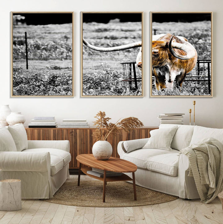 Majestic Texas Longhorn Cow Wall Art features a ready-to-hang canvas print that complements rustic farmhouse décor.