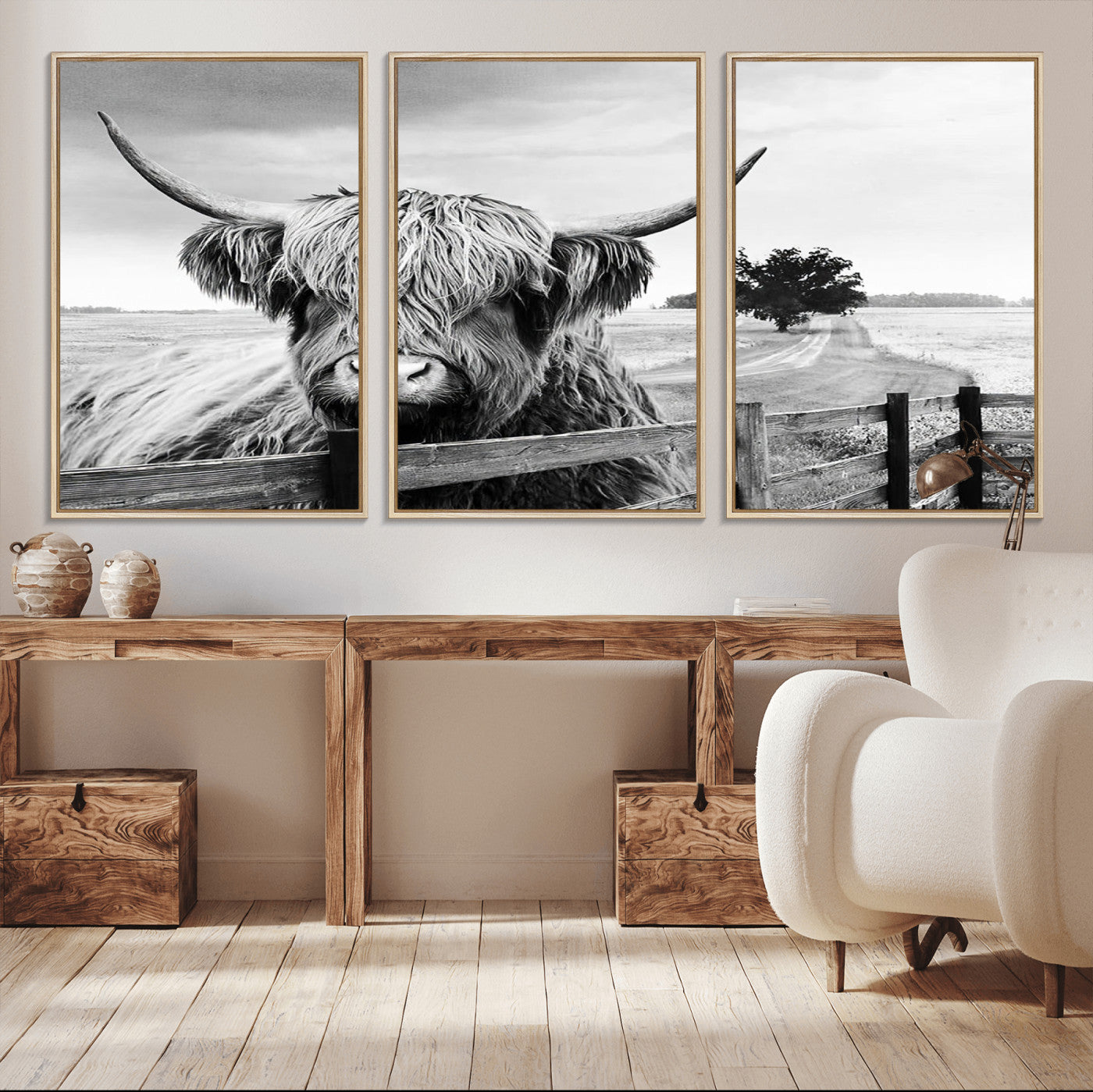 -Scottish Highland Cow Wall Art | Rustic Farmhouse Décor | Black and White Ready to Hang Canvas Print