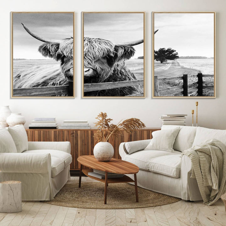 The Scottish Highland Cow Wall Art, a black and white canvas print, enhances rustic farmhouse décor.