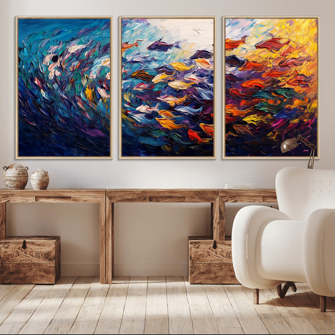 MGV-FC-60X30-3P - Vibrant Abstract Fish Swarm Art – Colorful Fish Inspired 3-Piece Canvas Wall Art for Living Room or