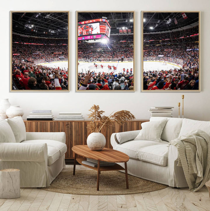 The wall art, a high-quality basketball arena canvas, evokes the excitement of fans cheering at the Amerant Bank Arena.