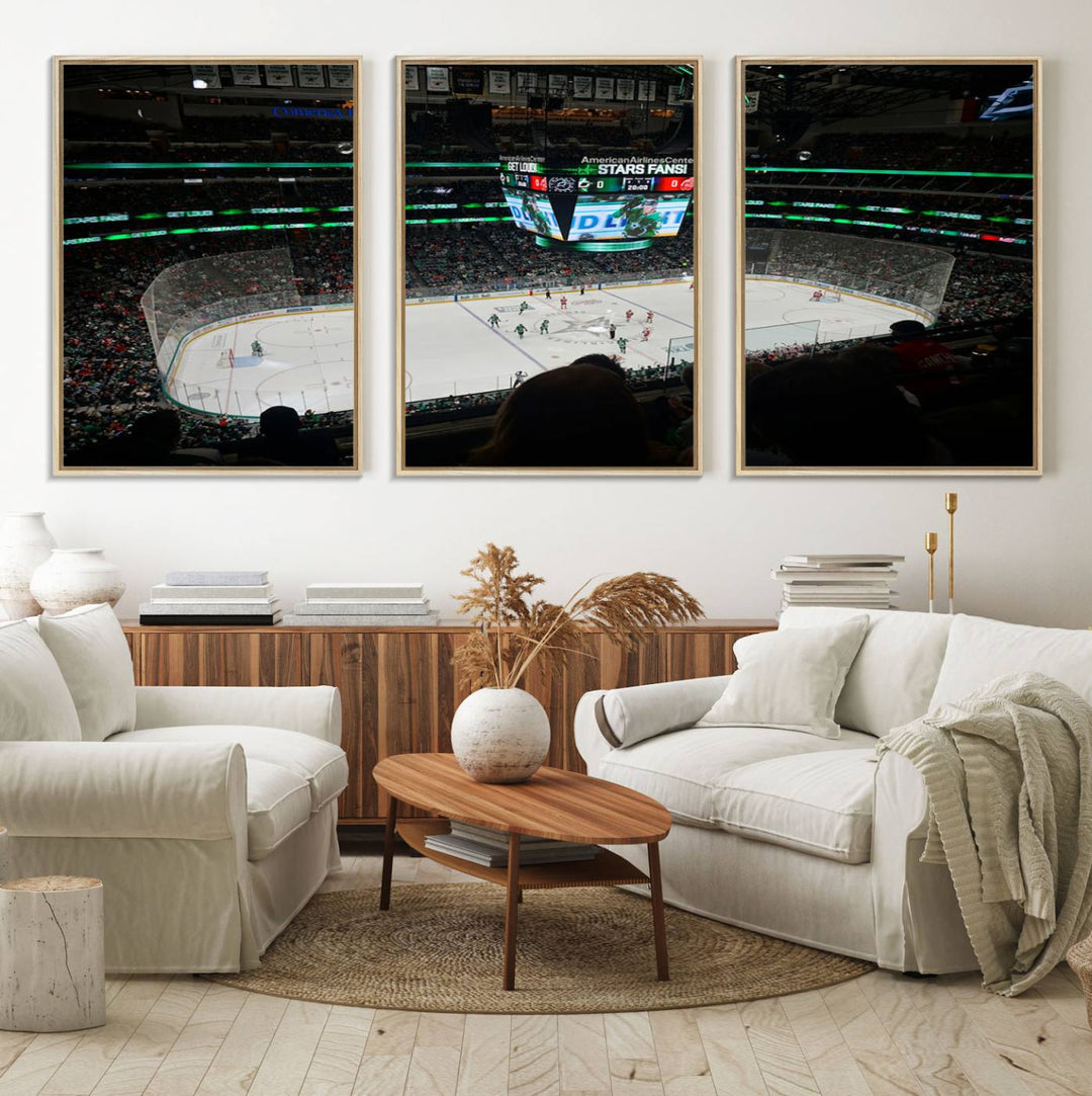 The Dallas Stars Wall Art Canvas Print is as clear as the scoreboard stats at a hockey game in a large arena with bright lights.