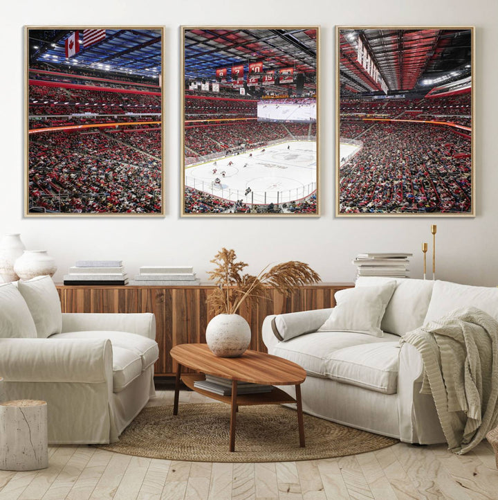 A Barton Malow canvas depicting Little Caesars Arena from above is beautifully printed in high resolution for your wall.