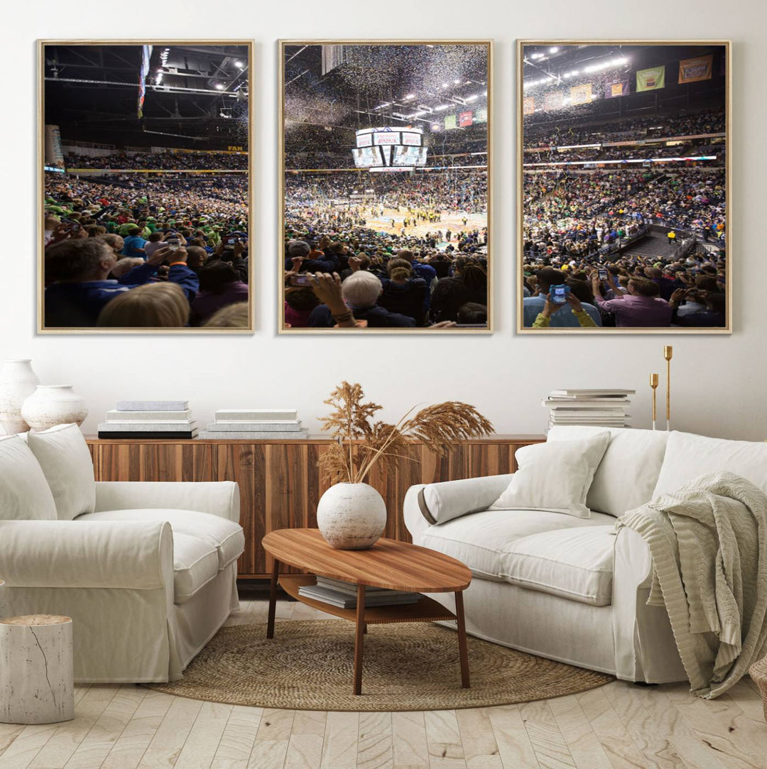 Our ready-to-hang canvas print captures the vibrant scene of the Bridgestone Arena illuminated with fans and confetti.