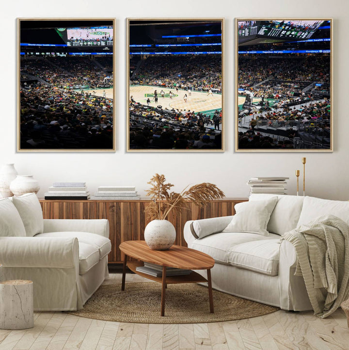 The Canvas Print of Climate Pledge Arena featuring the Seattle Kraken enhances a living room wall.