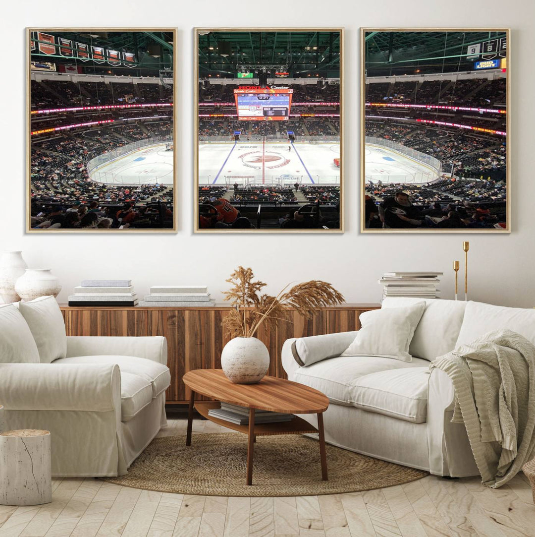 The wall art of the Honda Center California Anaheim Ducks Ice Hockey Stadium features a depiction of the rink and scoreboard from the perspective of the upper deck.