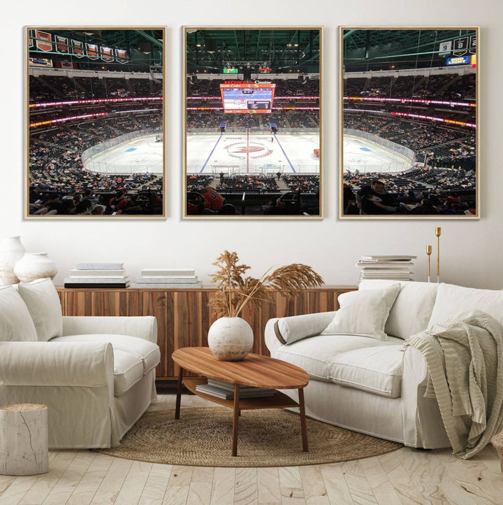 The wall art of the Honda Center California Anaheim Ducks Ice Hockey Stadium features a depiction of the rink and scoreboard from the perspective of the upper deck.