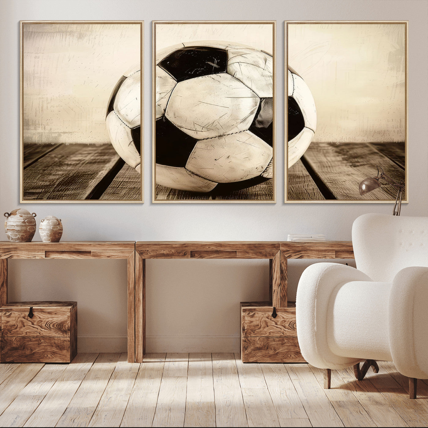 24319-MGV-CV-36X24-Vintage Soccer Ball Wall Decor Canvas Art – 3-Panel Soccer Wall Decor, Framed and Ready to Hang
