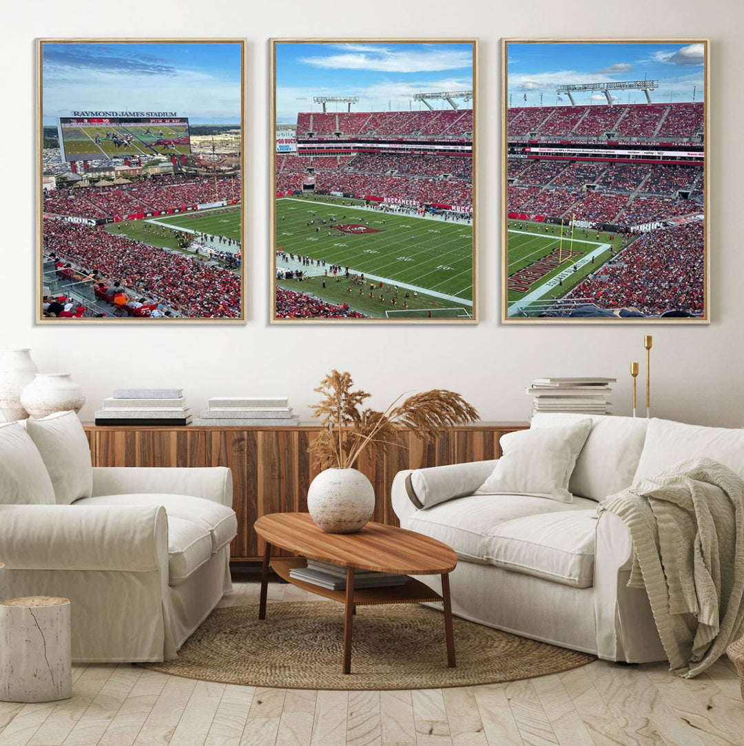 The Florida Tampa Raymond James Stadium Wall Art Canvas Print is featured above the cabinet.