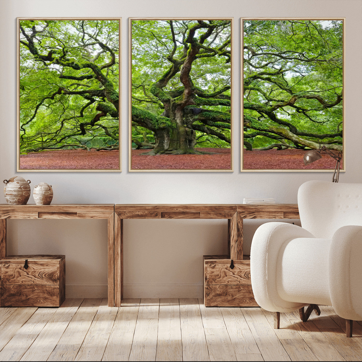 MGV-FC-60X30-3P - Framed Angel Oak Tree Wall Art - 3-Panel Canvas Prints, Large Green Nature Artwork, Ready to Hang