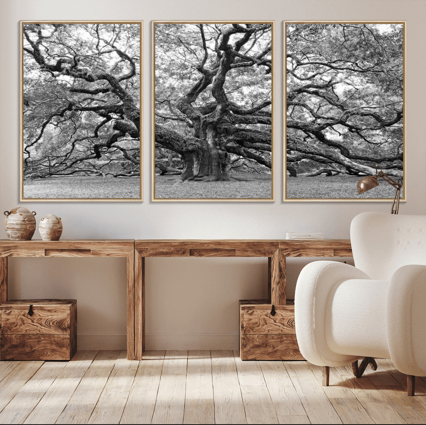 MGV-FC-60X30-3P - Black White Angel Oak Tree Wall Art - Timeless Nature-Inspired Canvas for Rustic, Modern, or