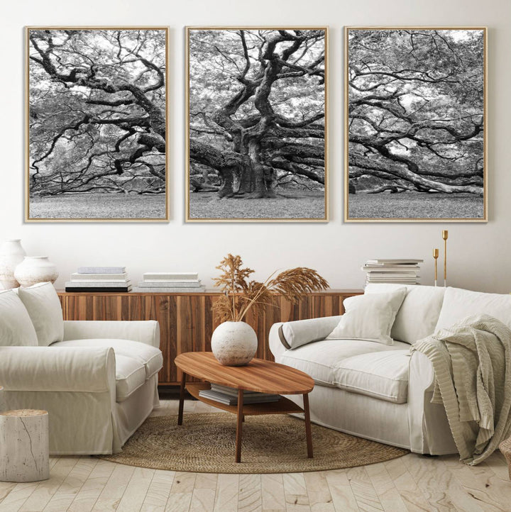 The Black White Angel Oak Tree wall art adds timeless, nature-inspired decor.