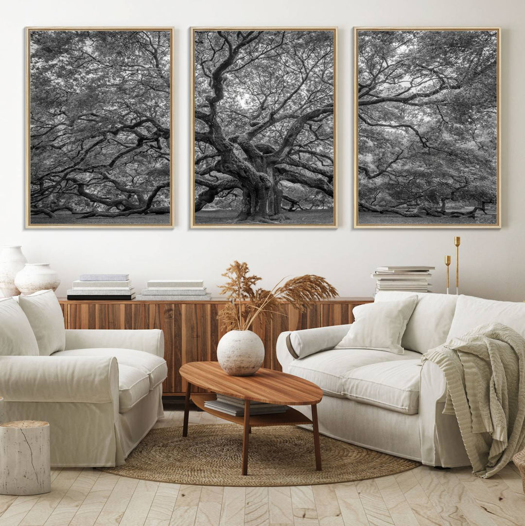 The Majestic Angel Oak Tree canvas print enhances minimalistic decor with its nature photography.