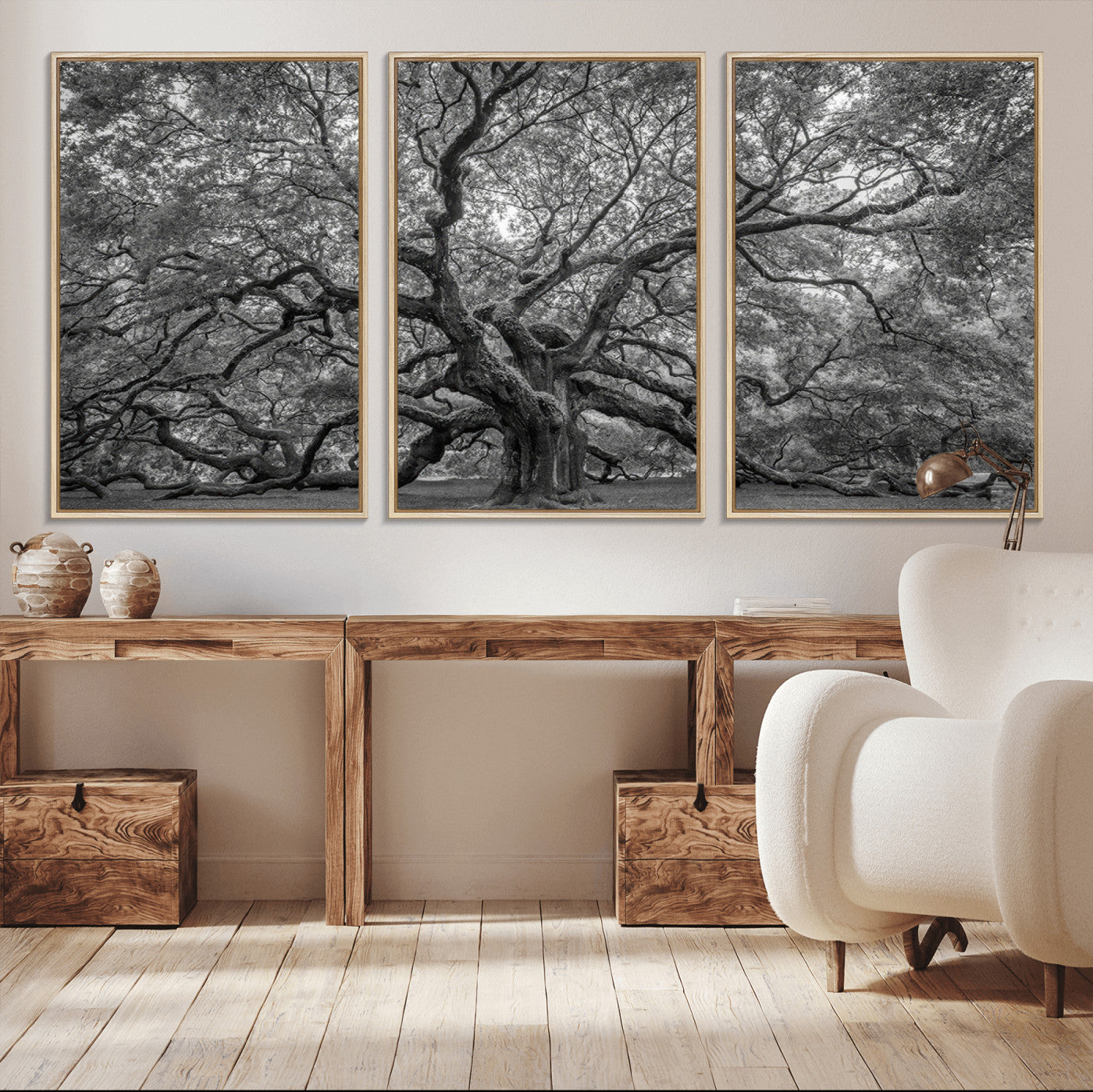 MGV-FC-60X30-3P - Majestic Angel Oak Tree Black and White Canvas Print – Multi Panel Wall Art, Giclée Print, Ready to