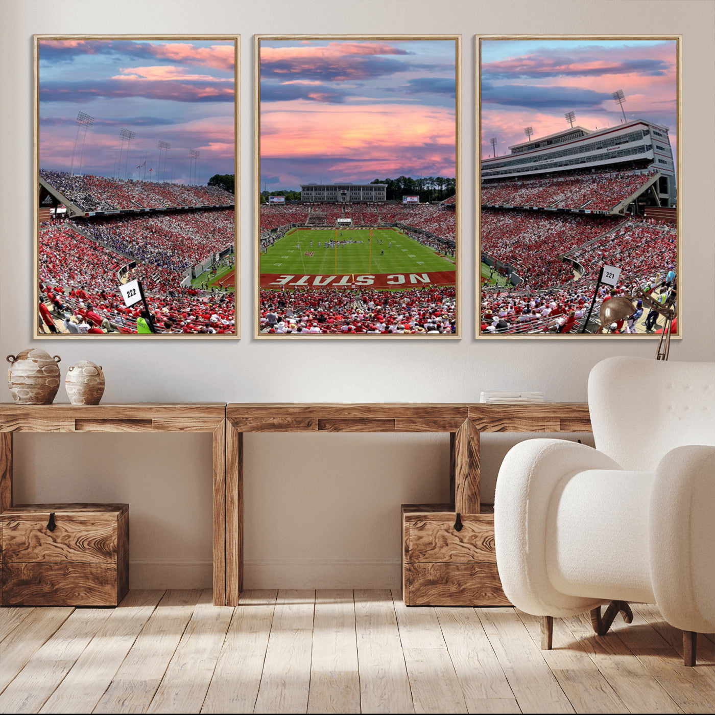 75072-MGV-CV-36X24-Carter-Finley Stadium Art Sunset Game Triple Canvas Wall Art - NC State Wolfpack Football Match