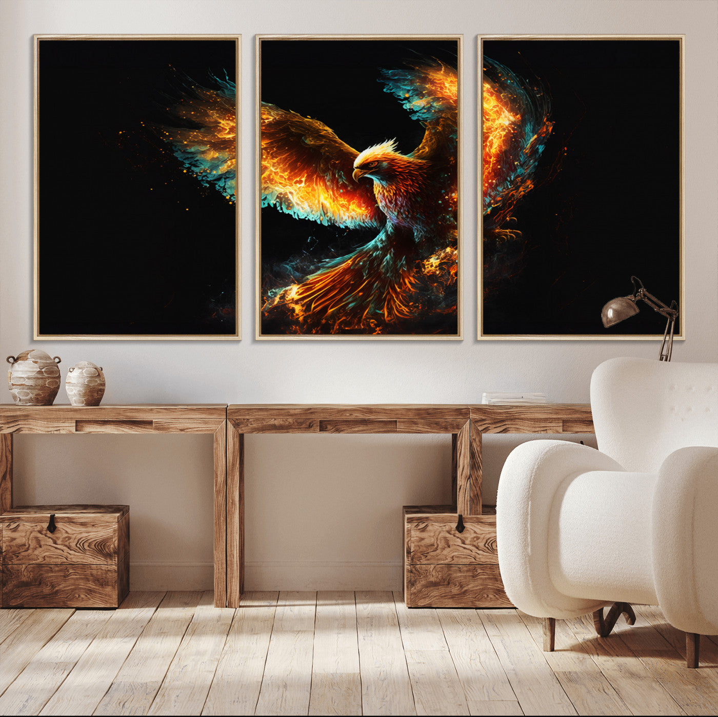 MGV-FC-60X30-3P - Fiery Phoenix Canvas Print | Ready to Hang Wall Art | Bold Fantasy Decor for Living Room | Majestic