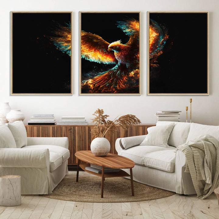 The Fiery Phoenix Canvas Print, showcasing a majestic bird with fiery wings against a black background, makes for the perfect bold decor in your living room.