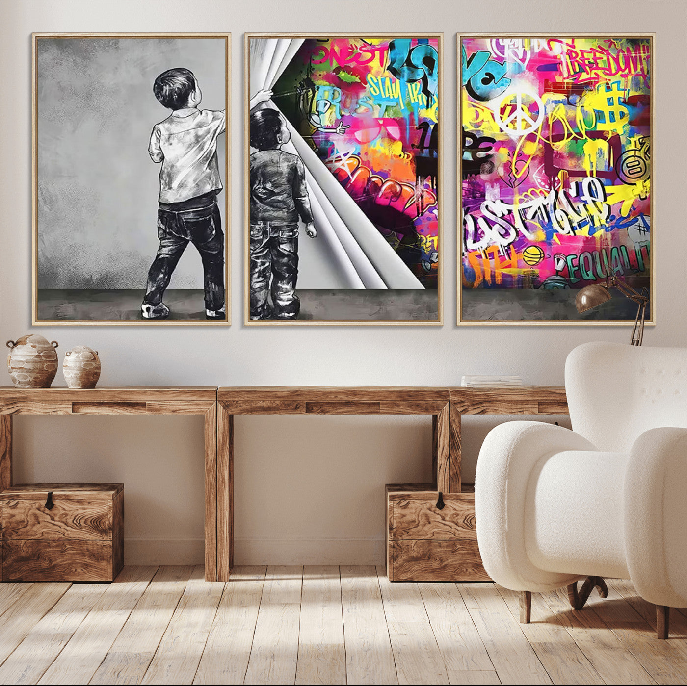 MGV-FC-60X30-3P - Banksy Print - Street Art Canvas Wall Art - Kids Revealing Graffiti, Urban Modern Decor for Living