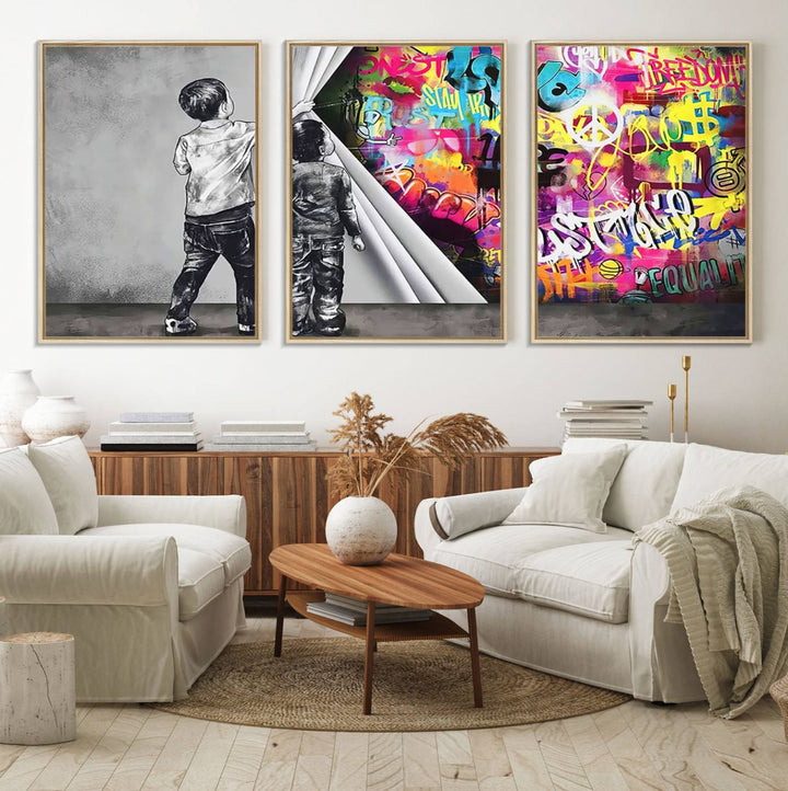 The Banksy Print - Street Art Canvas features a vibrant and bold image of two children lifting a curtain to reveal colorful graffiti. It's ready to hang, adding an urban modern decor vibe.