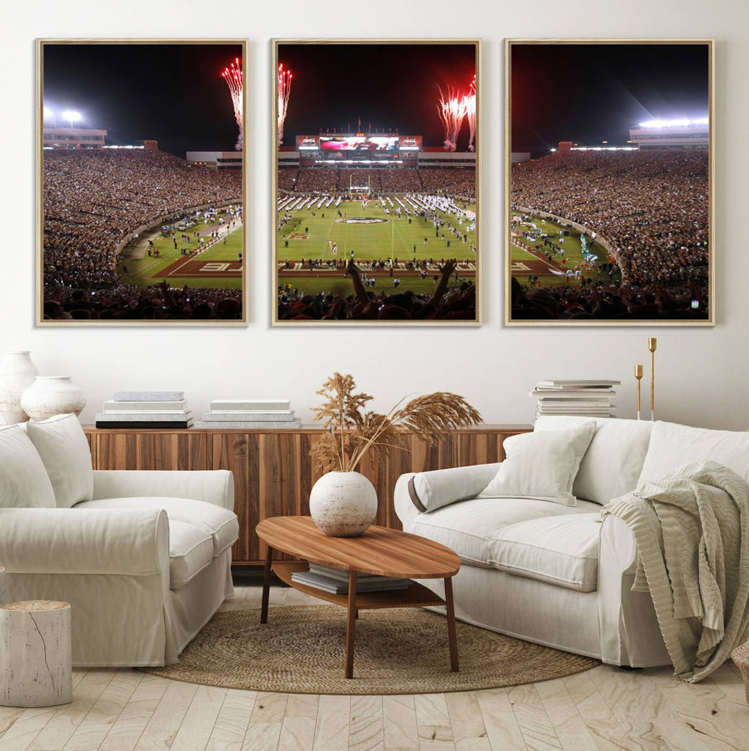 A vibrant wall art piece of the Florida State Seminoles sets a lively tone, depicting scenes filled with energy and celebration.