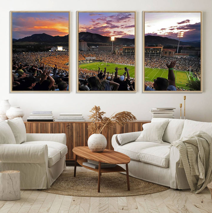 The Folsom Field Stadium Print beautifully captures the Colorado Buffaloes stadium at sunset, set against a stunning mountain backdrop.