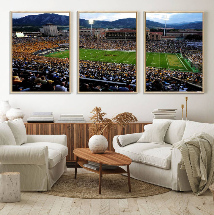 A canvas print captures the Colorado Buffaloes at Folsom Field, framed by mountains in the background.