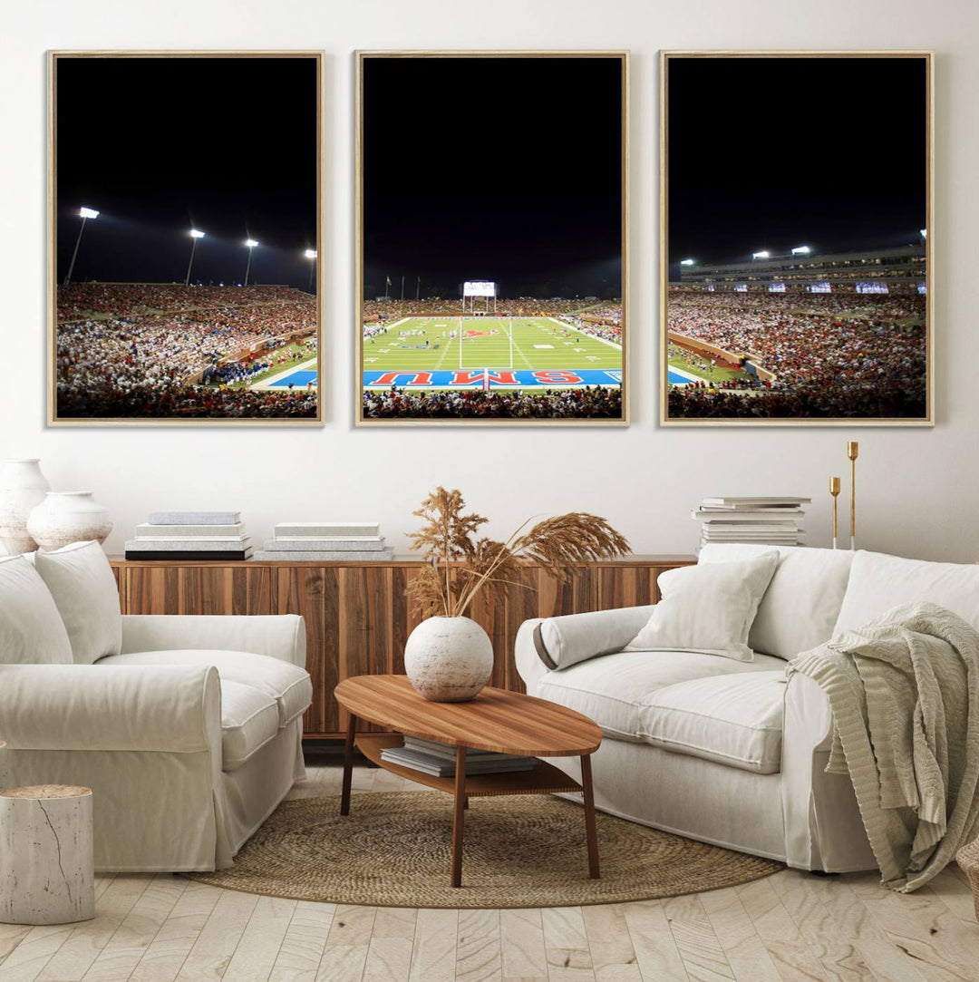 Wide-angle view of a vibrant painting depicting SMU Mustangs Football at Dallas Gerald J. Ford Stadium, capturing the energy and excitement of a filled stadium and brightly lit field.